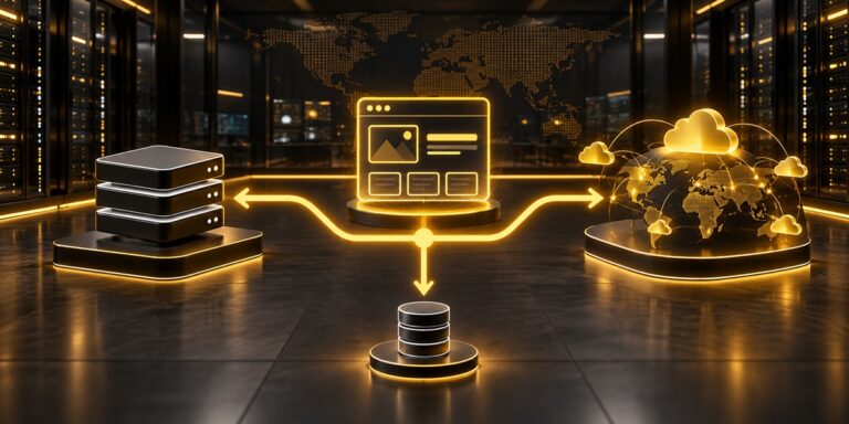 AIで作ったWebサイトのホスティングとデータベースを選ぶ3方向の分岐図