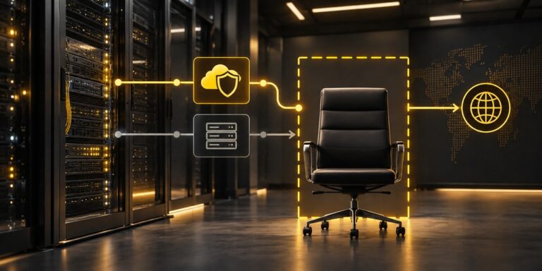 Cloudflare導入の判断を表現した、黄色い破線で囲まれた空席の経営者用チェアとサーバーラック