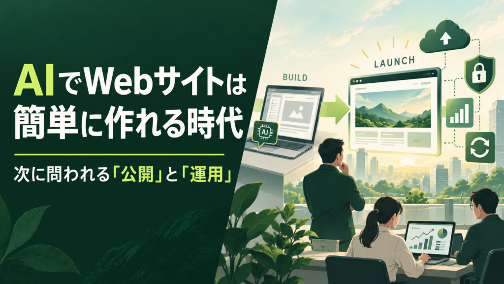 AIでWebサイトを作り、公開・運用する流れを表したイメージ