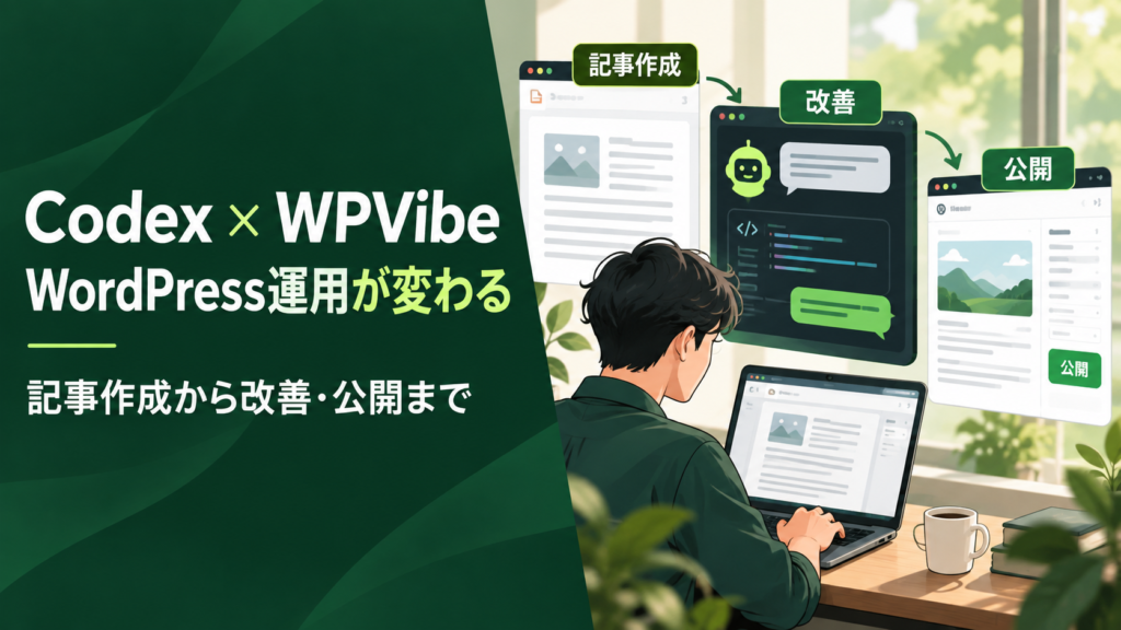 CodexとWPVibeでWordPressの記事作成から改善・公開までを行うイメージ