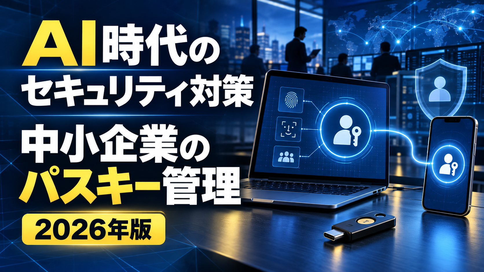 AI時代のセキュリティ対策と中小企業のパスキー管理を表現した16対9のアイキャッチ画像