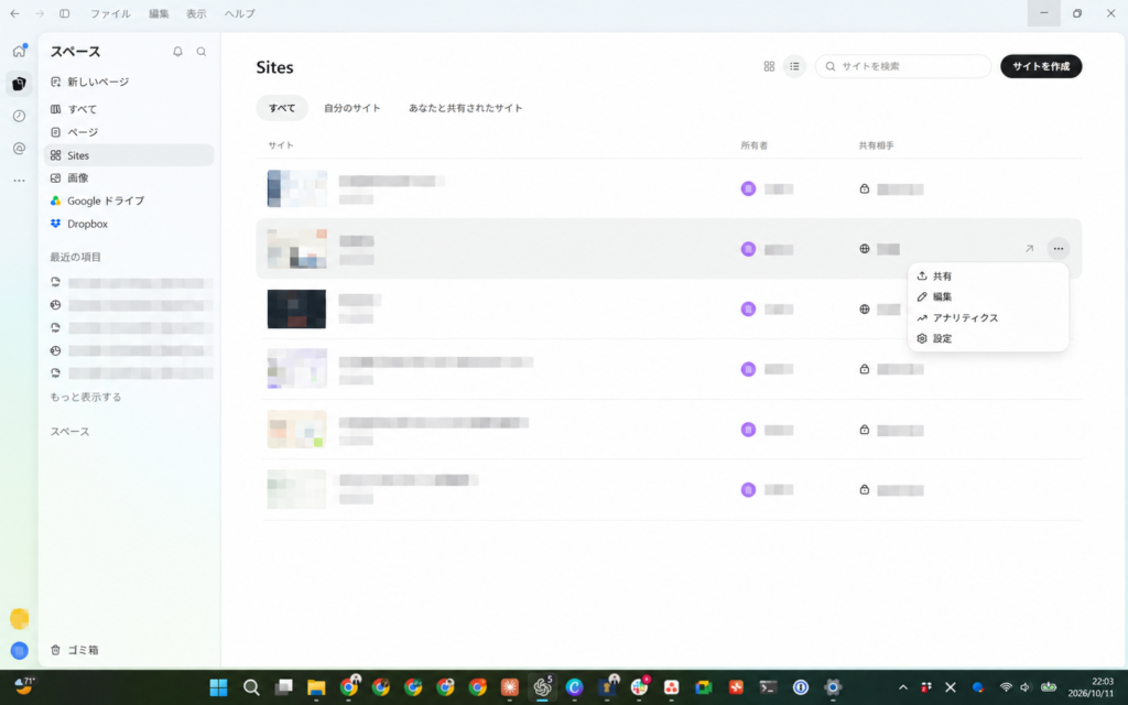 ChatGPT Sitesのサイト一覧画面。サイト名や個人情報はモザイク加工済み