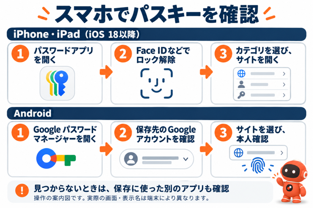 iPhone・iPadはパスワードアプリを開いて認証後にサイトを選択。AndroidはGoogle パスワード マネージャーでアカウントとサイトを確認する3段階の案内図。右下にJPW robo。
